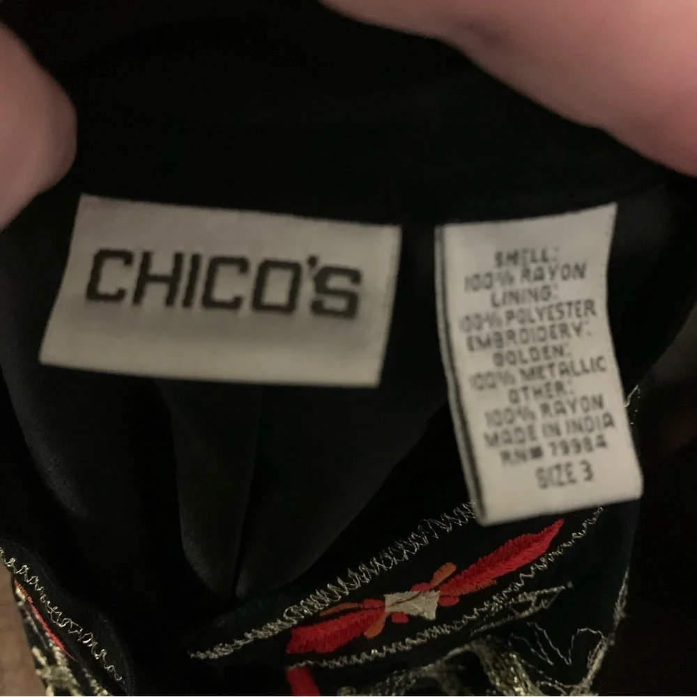 Chico's Womens 3/XL Black Red Gold Fully Embroidered Asian Inspired Light Jacket